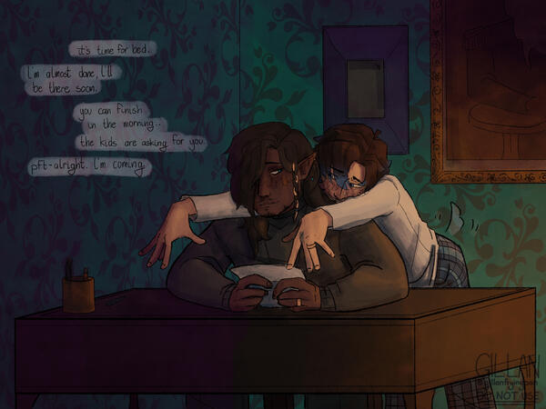 "domestic moonbeam" || two character 3/4 body full illustration with background, $90 USD